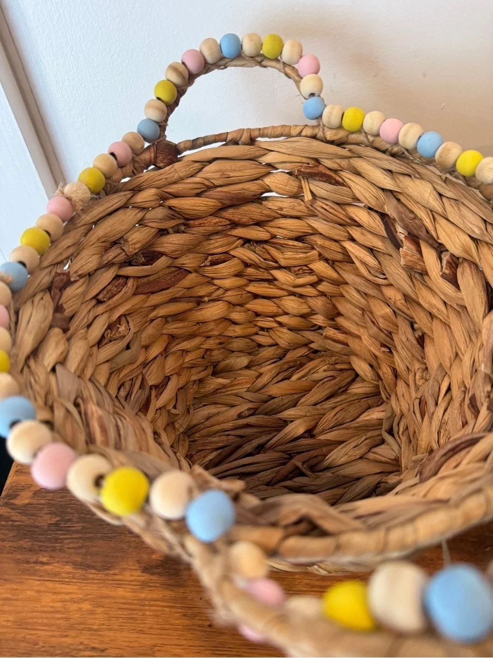 Woven Seagrass Basket Pair with Pastel Bead Trim